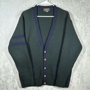 *FLAW* VTG Brooks Brothers L Men Wool Cardigan Sweater Green Blue Classic Ivy